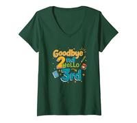 Goodbye 2nd Hello 3rd Grade School Transition Fun V-Neck T-Shirt, Women, Forest Green, XXL