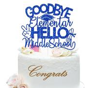 Goodbye Elementary Hello Middle School Cake Topper, 5th Grade Grad Cake Decor, Peace Out Elementary School Graduation Party Decorations, Blue Glitter