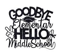Goodbye Elementary Hello Middle School Cake Topper, 5th Grade Grad Cake Decor, Peace Out Elementary School Graduation Party Decorations, Black Glitter