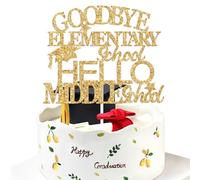 Goodbye Elementary Hello Middle School Cake Topper, Congrats 5th Grade Graduate, Class of 2026 Elementary School Survivor Graduation Party Decorations Supplies Gold Glitter