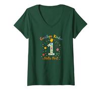 Goodbye Kinder Hello First Graduation Celebration V-Neck T-Shirt, Women, Forest Green, L