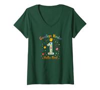 Goodbye Kinder Hello First Graduation Celebration V-Neck T-Shirt, Women, Forest Green, S