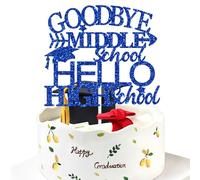 Goodbye Middle Hello High School Cake Topper, Next Stop High School Out 5th Grade Hello 8th Grade Cake Decorations, Glittery Class of 2026 Graduation Party Decorations, Blue Glitter