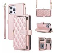 GoodcAcy Case for iPhone 17 Pro Max Case Leather Wallet, Premium Zipper (with Long Lanyard) Flip Folio Leather Phone Case Cover compatible with iPhone 17 Pro Max- Rosa