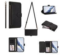 GoodcAcy Cavor Crossbody Oppo A54 4G/A54S/A16/A16S Case With Card Holder With Strap,Flip Leather Wallet Case,[6 Card Holder] Zipper Detachable Lanyard Phone Case Cover for Women - Black