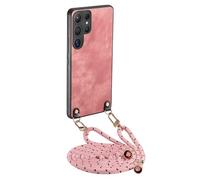GoodcAcy Crossbody Lanyard Case Compatible with Samsung Galaxy S25 Ultra,Matte PU Leather + Soft TPU Back Case with Strap Adjustable Shoulder Strap Neck Cord Protective Back Cover,Pink