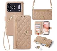 GoodcAcy Wallet Case for Oppo Reno 13 F/13FS, Luxury Quilted PU Leather Phone Case with Card Slots for Women, Magnetic Zipper Purse Cover with Wrist Strap Kickstand Shockproof Flip Cover - Beige