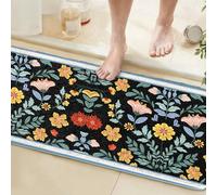 Gooddooes Long Bathroom Runner Rug 60x150CM Black, High Absorbency Bath Mat Slip-Resistant Washable Floral Bath Mat for Bathroom Kitchen Use - Modern Floral Pattern Carpets