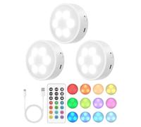 Goodea Rechargeable RGB Puck Lights with Remote，Under Cabinet Kitchen Lighting Battery Operated Push Light with Dimmer/Time for Wardrobe, Display, Closet, Shelf-Magnetic Install