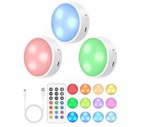 GOODEA Rechargeable RGB Puck Lights with Remote，Under Cabinet Kitchen Lighting Battery Operated Push Light with Dimmer/Time for Wardrobe, Display, Closet, Shelf,Cupboard 3 Pack-Magnetic Install