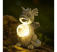 Goodeco Dragon Statue Garden Ornaments Solar Powered LED Lights | Outdoor Dragons Figurine with Gazing Ball, Decoration for Patio Lawn Yard Decor, gifts for Men Women Mom, Grey 19cm