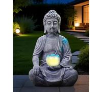Goodeco Solar Buddha Statue with Blue Lotus Lights - 21CM Sitting Zen Garden Ornaments for Patio Yard Balcony Garden Decor - Gifts for Women Men Meditation Grey