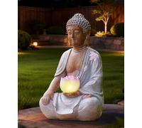 Goodeco Solar Buddha Statue with Phink Lotus Lights - 21CM Sitting Zen Garden Ornaments for Patio Yard Balcony Garden Decor - Gifts for Women Men Meditation White