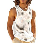 Goodfugui Men's Sleeveless Tank Tops Hollow Out Casual Knitted Crochet See Through Crewneck T-Shirts Summer Beach Tops (A1-White, S)