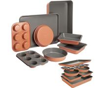 Goodful All-in-One Nonstick Bakeware Set, Stackable and Space Saving Design Includes Round and Square Pans, Muffin Pans, Cookie Sheet and Roaster, Dishwasher Safe, 8-Piece, Terracotta