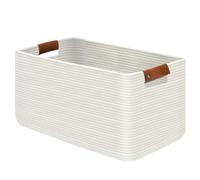 Goodheim Large Woven Cotton Rope Laundry Basket with Leather Handles, Rectangular Collapsible Storage Hamper for Clothes, Towels, Baby Kids Dog Toys, Washing Basket for Home Decor (White)