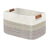 Goodheim Large Woven Cotton Rope Laundry Basket with Leather Handles, Rectangular Collapsible Storage Hamper for Clothes, Towels, Baby Kids Dog Toys, Washing Basket for Home Decor Gradient Brown