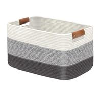 Goodheim Large Woven Cotton Rope Laundry Basket with Leather Handles, Rectangular Collapsible Storage Hamper for Clothes, Towels, Baby Kids Dog Toys, Washing Basket for Home Decor (Gradient Grey)