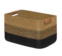 Goodheim Large Woven Cotton Rope Laundry Basket with Leather Handles, Rectangular Collapsible Storage Hamper for Clothes, Towels, Baby Kids Dog Toys, Washing Basket for Home Decor (Black-Brown)