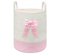 Goodheim Pink Laundry Basket with Bow, Woven Rope Toy Storage Basket for Kids, Baby Clothes Hamper, Nursery & Bathroom Blankets Organiser Decor