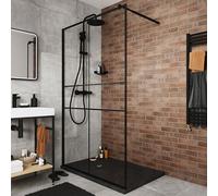 GoodHome Ahti Matt Black Textured Minimal Frame Walk-In Wet Room Glass Screen Printed With Aluminium Grid (H)195Cm (W)120Cm