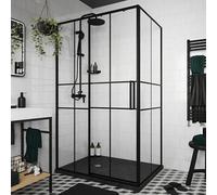 GoodHome Ahti Minimal Frame Black Clear Printed Glass With Aluminium Grid Sliding Shower Door (H)195Cm (W)120Cm