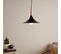 GoodHome Arraqis Matt Black Wood Effect Pendant Ceiling Light, (Dia)380mm
