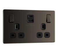 GoodHome Black Nickel Double 13A Flat Switched Screwless Socket With Usb, 13 X2 & Black Inserts