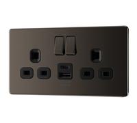 GoodHome Black Nickel Double 13A Flat Switched Screwless Socket With Usb, 13 X2 & Black Inserts