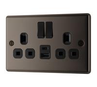 GoodHome Black Nickel Double 13A Raised Rounded Switched Screwed Socket With Usb, X2 & Black Inserts