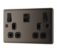 GoodHome Black Nickel Double 13A Raised Rounded Switched Screwed Socket With Usb, X2 & Black Inserts