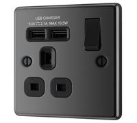 GoodHome Black Nickel Single 13A Raised Rounded Switched Screwed Socket With Usb, X2 & Black Inserts