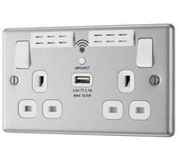 GoodHome Brushed Steel 13A Switched Double Wifi Extender Socket With Usb