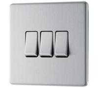 GoodHome Brushed Steel 20A 2 Way 3 Gang Light Screwless Switch