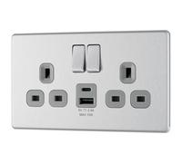 GoodHome Brushed Steel Double 13A Flat Switched Screwless Socket With Usb, 13 X2 & Grey Inserts