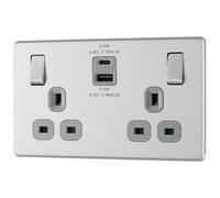 GoodHome Brushed Steel Double 13A Flat Switched Screwless Socket With Usb, 13 X2 & Grey Inserts