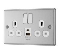 GoodHome Brushed Steel Double 13A Raised Rounded Switched Screwed Socket With Usb, 13 X2 & White Inserts