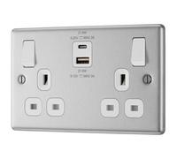 GoodHome Brushed Steel Double 13A Raised Rounded Switched Screwed Socket With Usb, 13 X2 & White Inserts