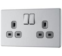 GoodHome Brushed Steel Double 13A Socket & Grey Inserts