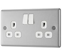 GoodHome Brushed Steel Double 13A Switched Socket & White Inserts