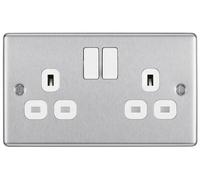 GoodHome Brushed Steel Double 13A Switched Socket & White Inserts, Pack Of 5