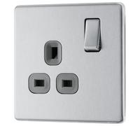 GoodHome Brushed Steel Single 13A Socket & Grey Inserts