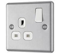 GoodHome Brushed Steel Single 13A Switched Socket & White Inserts
