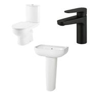 GoodHome Cavally En Suite Close-Coupled Floor-Mounted Round Toilet & Full Pedestal Basin With Tap & (Black) (W)370mm (H)830mm