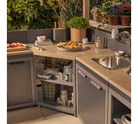 GoodHome Cucino Powder-Coated Grey Corner Steel Wood Effect Outdoor Kitchen Cabinet Unit