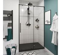 GoodHome Ezili Minimal Frame Black Clear Sliding Shower Door (H)195Cm (W)138Cm