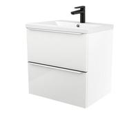 GoodHome Imandra Gloss White Wall-Mounted Vanity Unit & Basin Set With Black Tap - Includes 2 Drawer Vanity (W)600mm (H)600mm