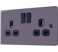 GoodHome Nickel Effect Double 13A Gloss Black Socket 1 Pole