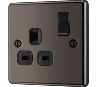 GoodHome Nickel Effect Single 13A Gloss Black Socket 1 Pole