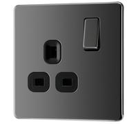GoodHome Nickel Effect Single 13A Gloss Black Socket 2 Poles